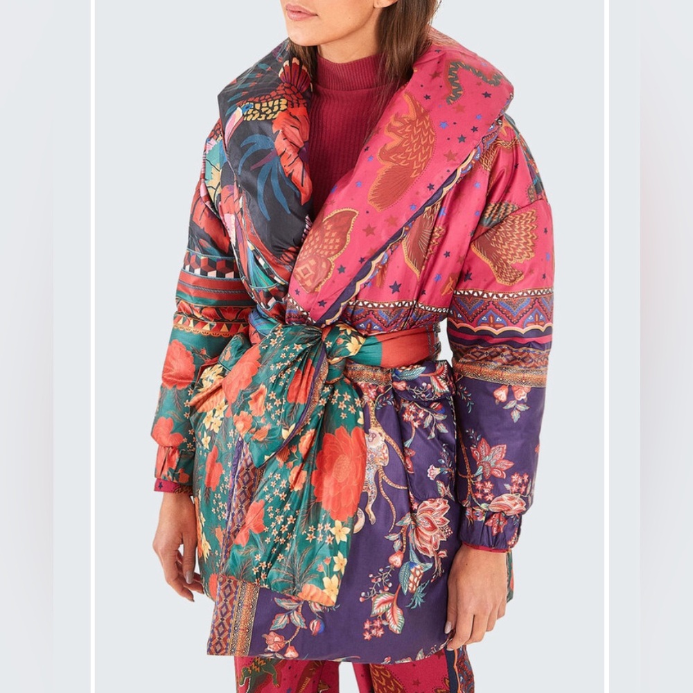 Farm Rio Mixed Scarves Kimono Puffer Jacket in Multi - Picture 4 of 10